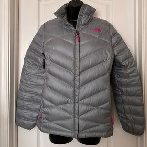 The North Face Women's Silver Puffer Jacket with Pink Accents